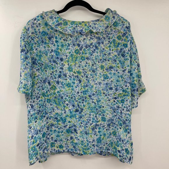 Joan Leslie Skirt Set 22W Blue White Button Down Blouse Floral Vintage - Picture 8 of 16